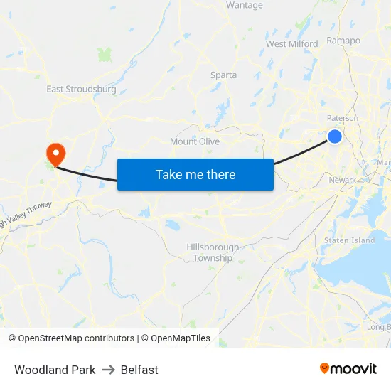 Woodland Park to Belfast map