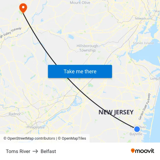 Toms River to Belfast map