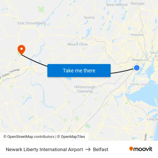 Newark Liberty International Airport to Belfast map