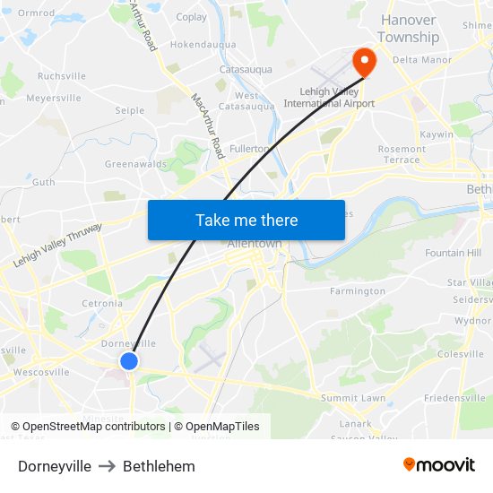 Dorneyville to Bethlehem map