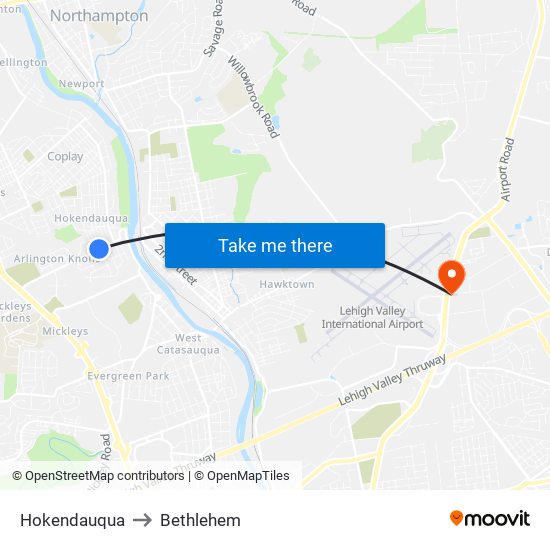 Hokendauqua to Bethlehem map