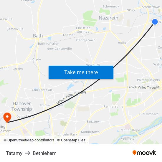 Tatamy to Bethlehem map