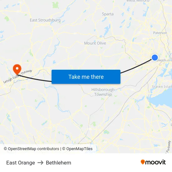 East Orange to Bethlehem map