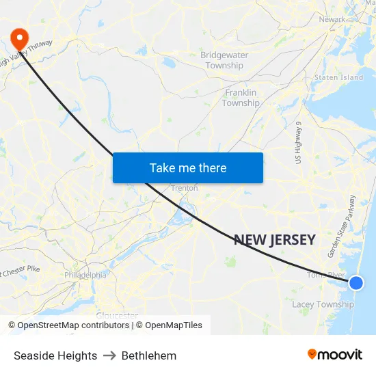 Seaside Heights to Bethlehem map