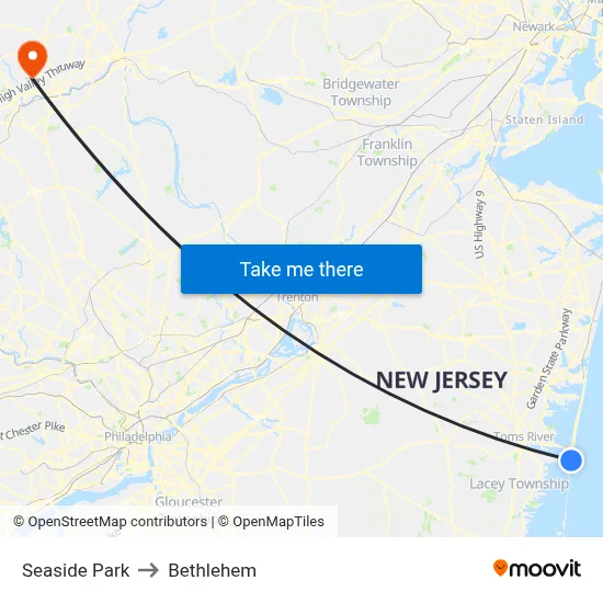 Seaside Park to Bethlehem map