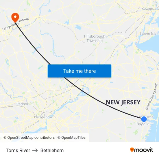 Toms River to Bethlehem map
