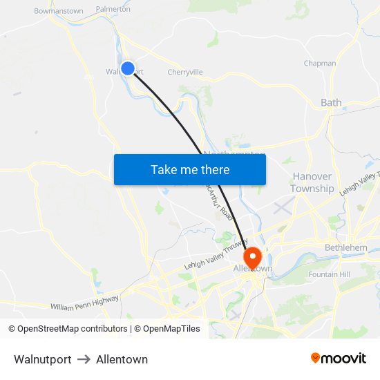 Walnutport to Allentown map