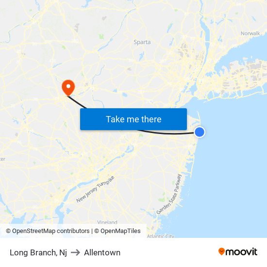 Long Branch, Nj to Allentown map