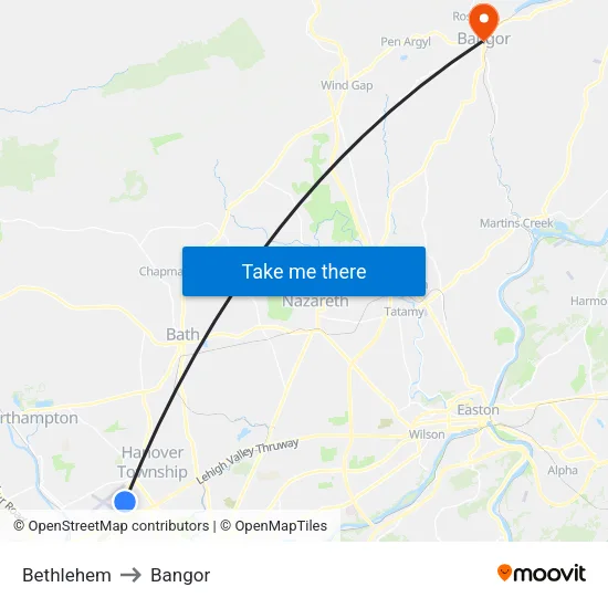 Bethlehem to Bangor map