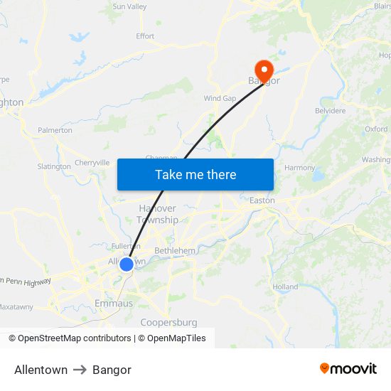 Allentown to Bangor map