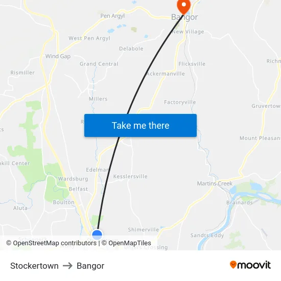 Stockertown to Bangor map
