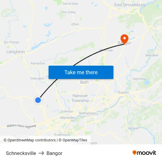 Schnecksville to Bangor map
