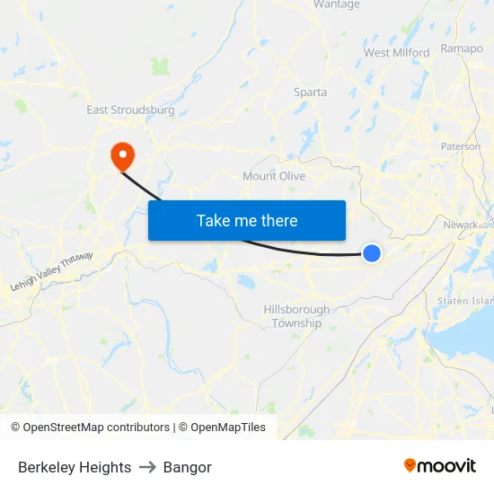 Berkeley Heights to Bangor map