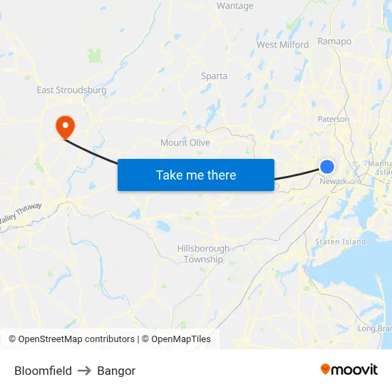 Bloomfield to Bangor map