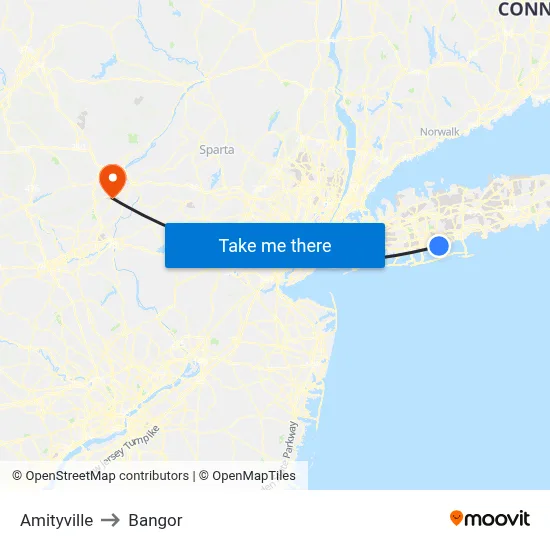 Amityville to Bangor map