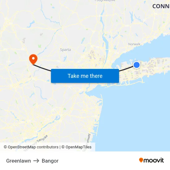 Greenlawn to Bangor map