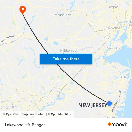 Lakewood to Bangor map