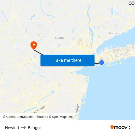 Hewlett to Bangor map