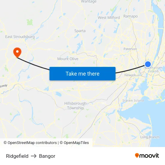 Ridgefield to Bangor map