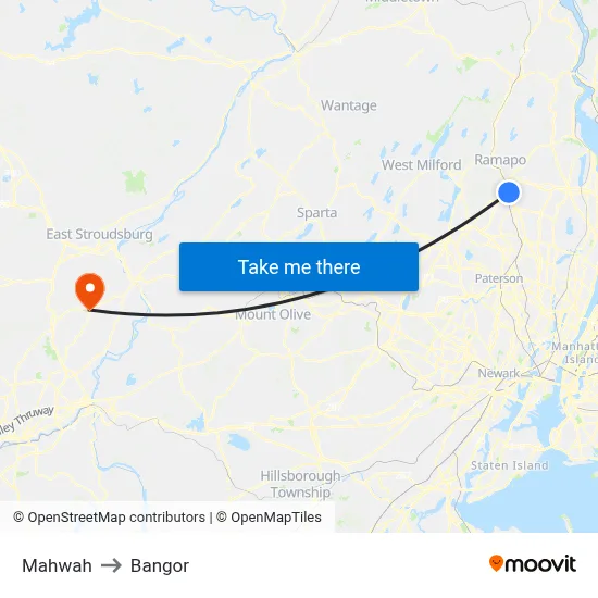 Mahwah to Bangor map