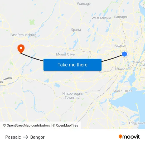 Passaic to Bangor map