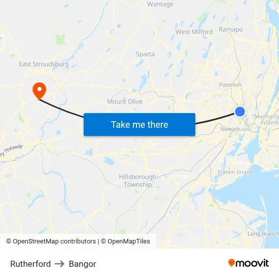 Rutherford to Bangor map