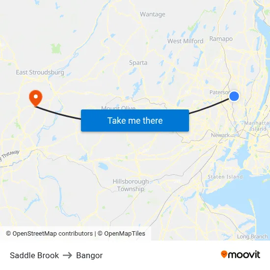 Saddle Brook to Bangor map