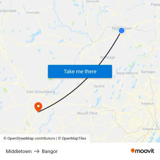 Middletown to Bangor map