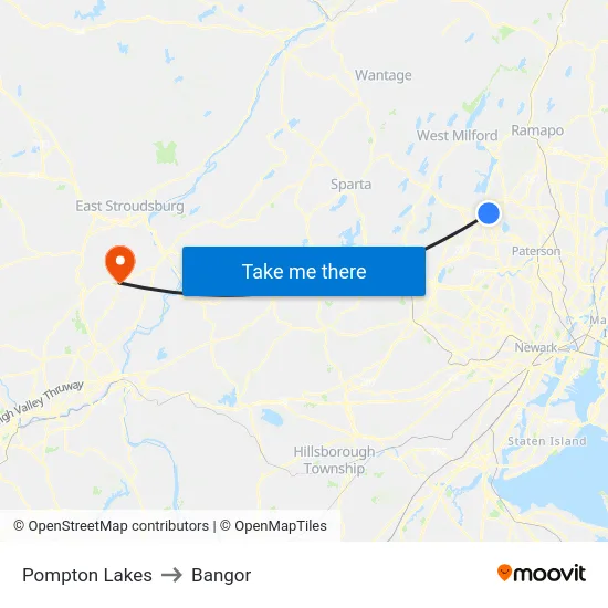 Pompton Lakes to Bangor map