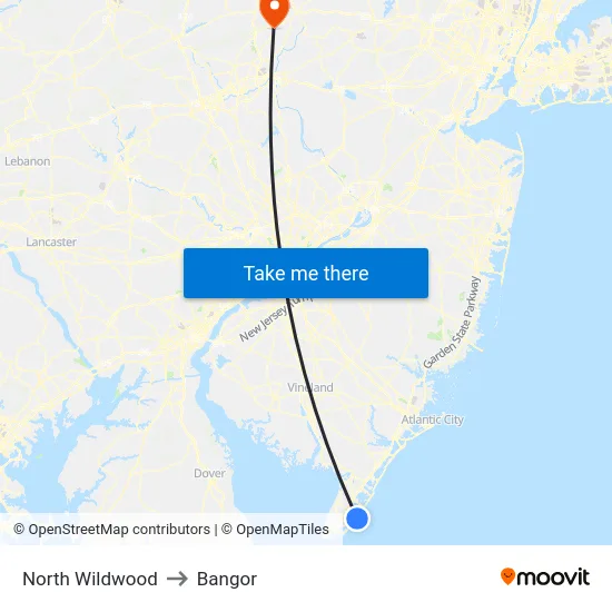 North Wildwood to Bangor map