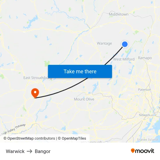 Warwick to Bangor map