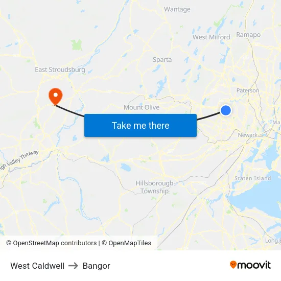 West Caldwell to Bangor map