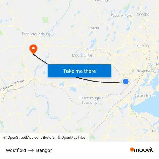Westfield to Bangor map