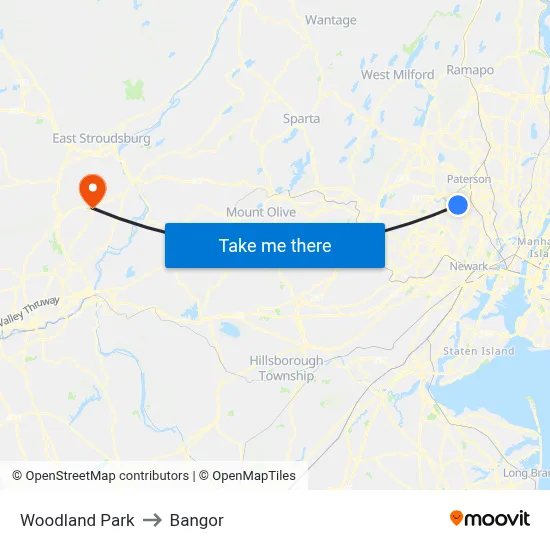 Woodland Park to Bangor map