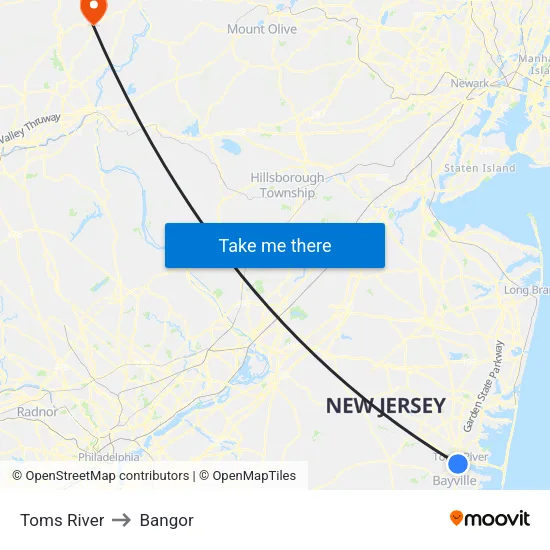 Toms River to Bangor map