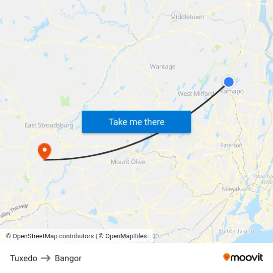 Tuxedo to Bangor map