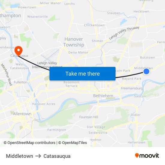 Middletown to Catasauqua map