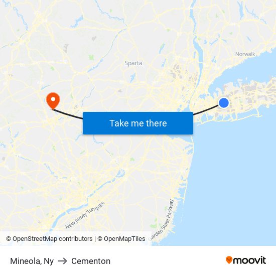 Mineola, Ny to Cementon map