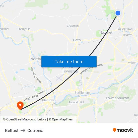 Belfast to Cetronia map