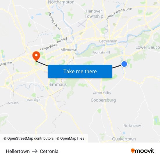Hellertown to Cetronia map