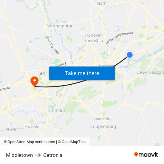 Middletown to Cetronia map