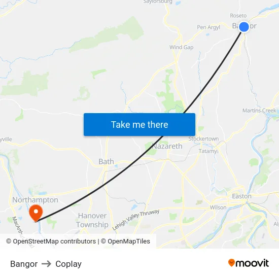 Bangor to Coplay map