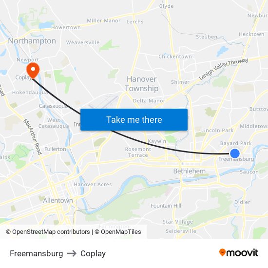 Freemansburg to Coplay map
