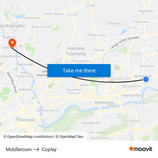Middletown to Coplay map