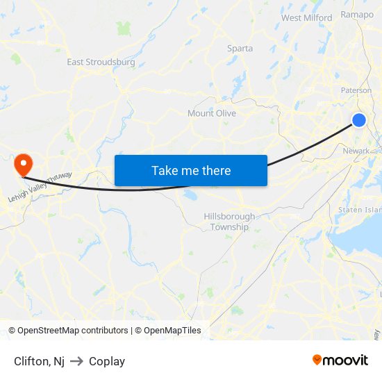 Clifton, Nj to Coplay map