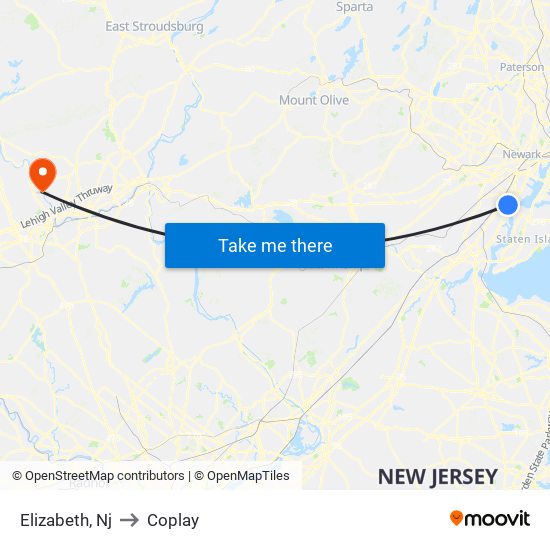 Elizabeth, Nj to Coplay map