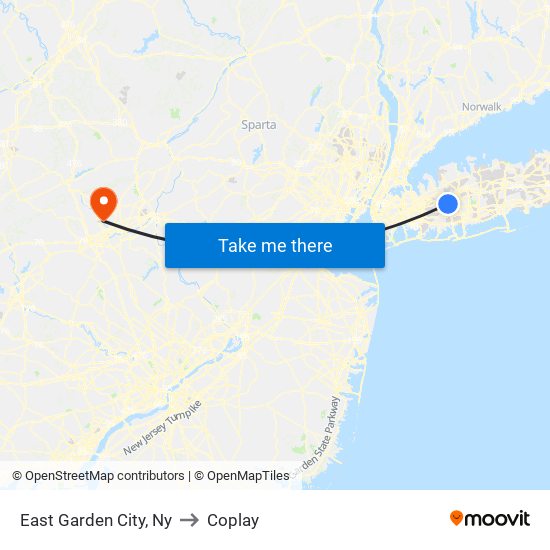 East Garden City, Ny to Coplay map