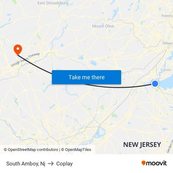 South Amboy, Nj to Coplay map