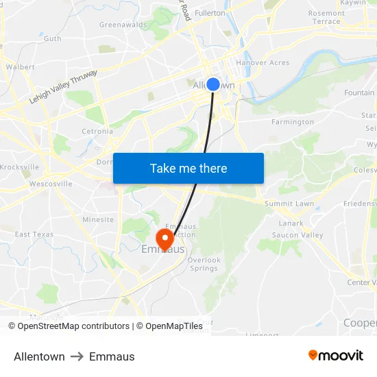 Allentown to Emmaus map