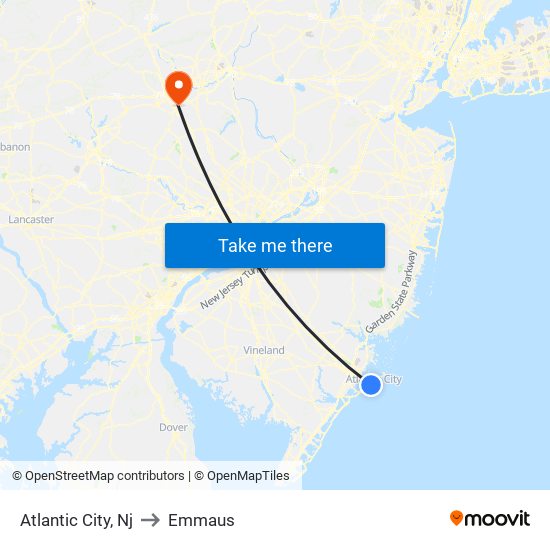 Atlantic City, Nj to Emmaus map